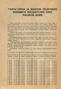 Tartu linna ja rajooni telefonide numbrite muudatused ning valimise kord