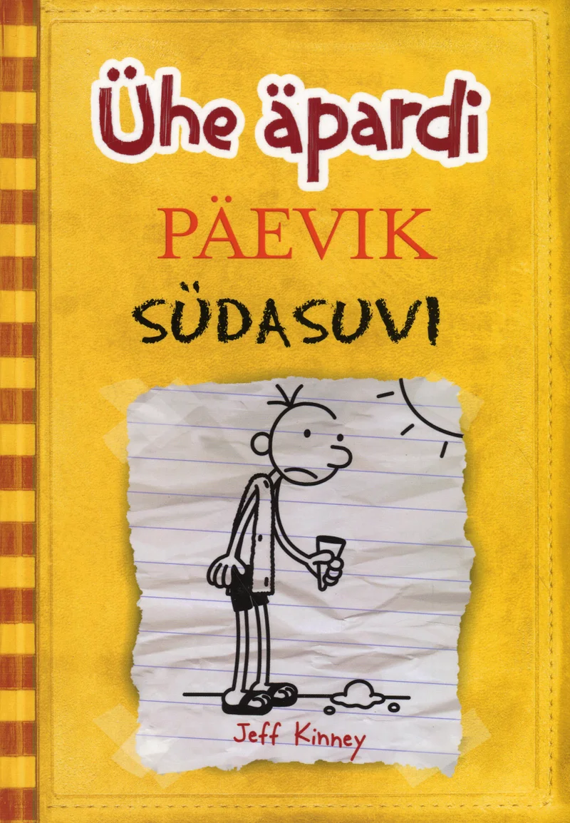 Ühe äpardi päevik - Jeff Kinney (Ajakirjade Kirjastus, 2013). Kollase ruudulise taustaga kaanel on käsitsi joonistatud stiilis joonisfilm-tegelane — nukker poisike, kes seisab üksinda päikese käes. Joonis on lihtne ja skitseeriva välimusega, mis jäljendab lapse päeviku illustratsioone.