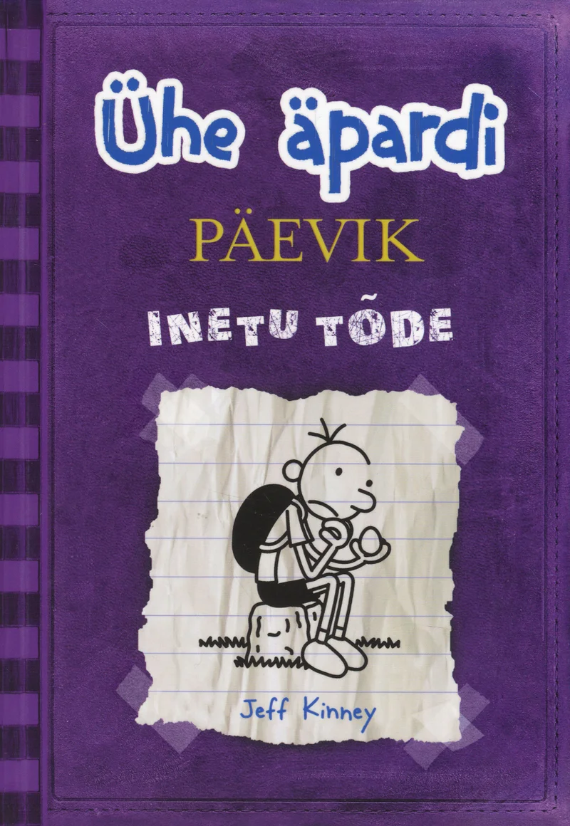Ühe äpardi päevik - Jeff Kinney (Ajakirjade Kirjastus, 2013). Lilla taustavärviga kaanepilt, millel on rebitud servadega paberilehe illustratsioon, kus on kujutatud käsitsi joonistatud poisikarakter seljakotiga. Kujundus jäljendab koolivihiku välimust käsitsikirja ja ruudulise tekstuuriga.