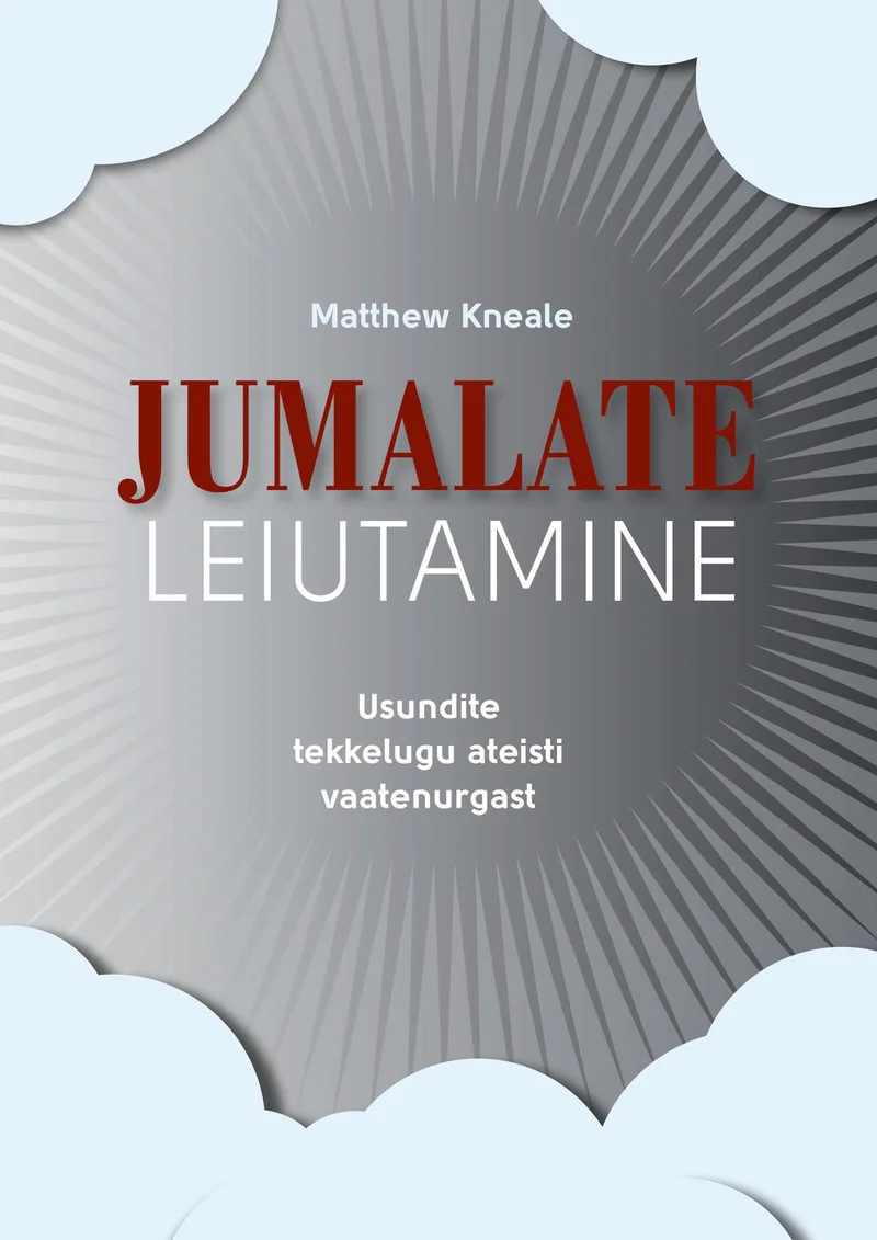 Jumalate leiutamine - Matthew Kneale (Ajakirjade Kirjastus, 2015). Minimalistlik kaanekujundus helehalli toonides, kus keskne element on radiaalselt kiirguv triibumuster, mis meenutab päikest või hiilgust. Taust on valge ning kiri on esitatud tumehalli ja punase värvikombinatsioonis.