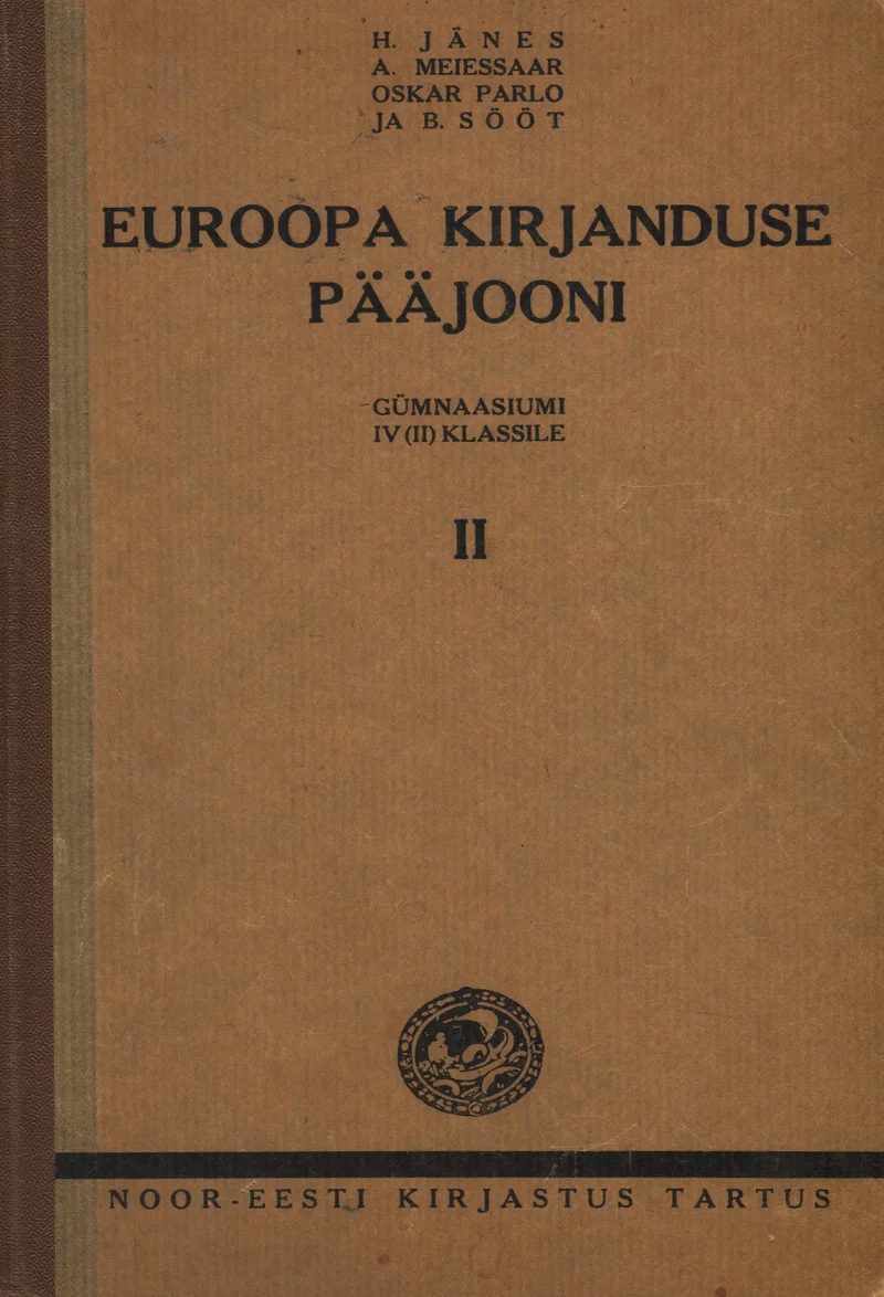 Euroopa kirjanduse pääjooni - August Meiesaar, Bernhard Sööt, Henno Jänes, Olev Parlo (Noor-Eesti, 1936). Lihtne ja tagasihoidlik köide helepruunis/beežis toonis, minimalistliku kujundusega. Keskel asub väike ümmargune embleem või pitser, muus osas domineerib puhas taust ja klassikaline trükikiri.
