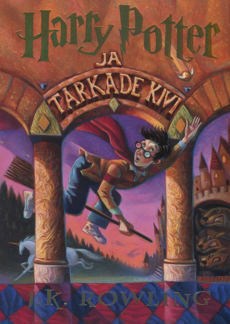 Harry Potter ja tarkade kivi - Joanne Kathleen Rowling (Varrak, 2015). Illustratsioon noorest poisist, kes lendab luual läbi kivise kaarvärava dramaatilise pilves taeva taustal. Värvikas fantastiline stiil, milles domineerivad soojad punakad ja oranžid toonid.