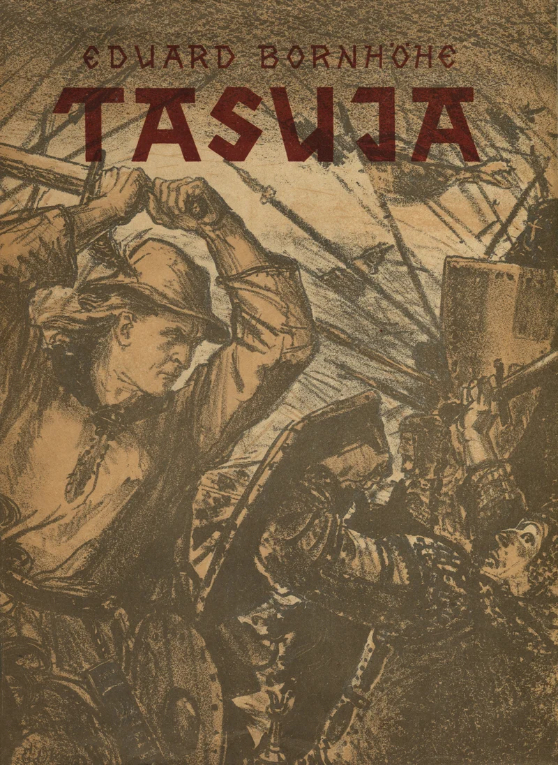 Tasuja - Eduard Bornhöhe (Ilukirjandus ja Kunst, 1948). Sepiatoonis graafiline illustratsioon kujutab dramaatilist lahingustseeni, kus sõdalased mõõkade ja odadega võitlevad. Joonistuse stiil on detailne ja ekspressiivne, evotseerides ajaloolist võitlusatmosfääri.