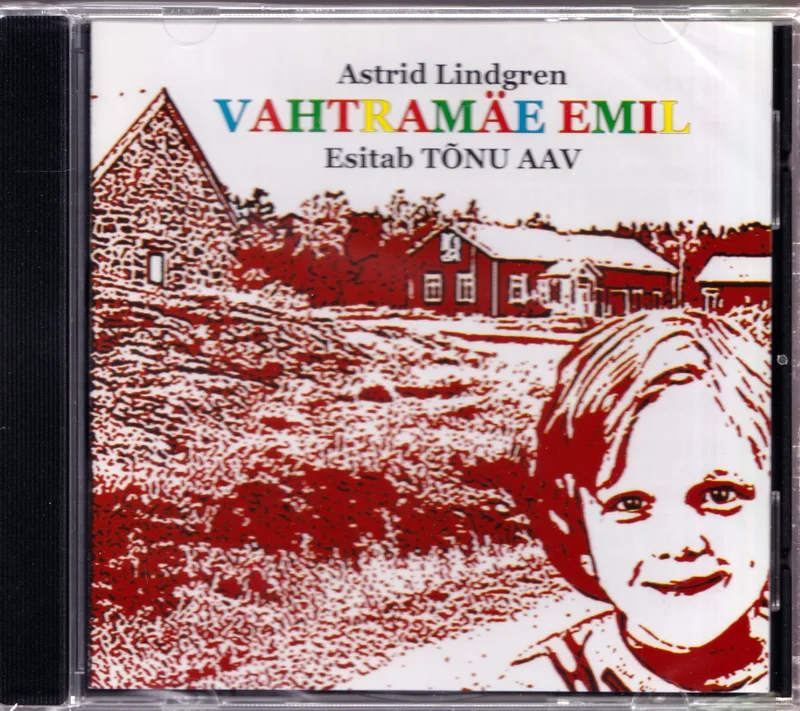 Vahtramäe Emil - Astrid Lindgren (THEKA, 2005). Kaanepildil on roosakas-punases toonis joonistatud maastik taluhoonetega, mille ees on väikese poisi foto või illustratsioon. Taust on maalilises akvarellistiilis ning üldine värvigamma on sooja roosa-pruuni tooniga.