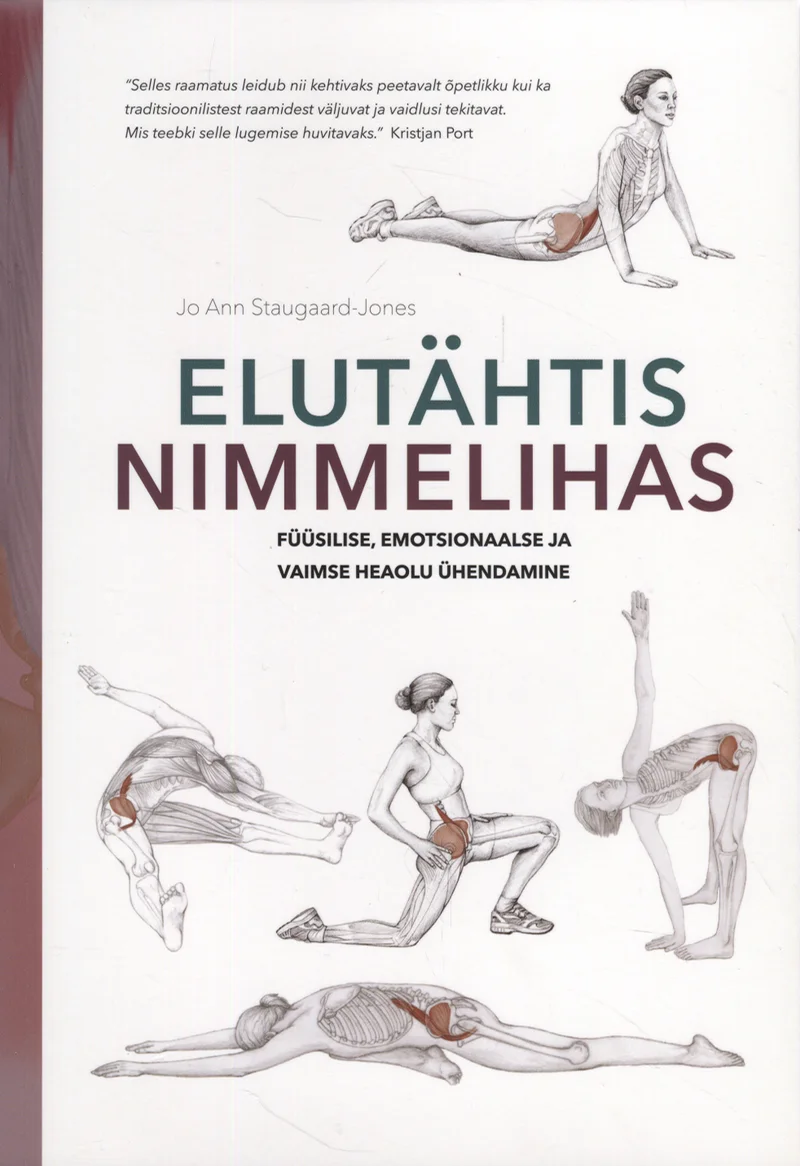 Elutähtis nimmelihas - Jo Ann Staugaard-Jones (Helios, 2018). Valge taust, millel on kujutatud mitmeid anatoomilisi joonistusstiile inimfiguuridest erinevates venitus- ja liikumisasendites, rõhutades nimmelihase piirkonda.