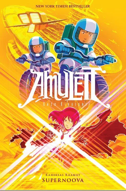 Amulett - Kazu Kibuishi (Pikoprint, 2019). Dünaamiline koomiksistiilis illustratsioon, kus kaks sinisel ülikonnal kosmosesõdurit lendavad kollase kiirliikuva sõiduki ees, taustal punakad ja kuldsed kiirgusjoad.