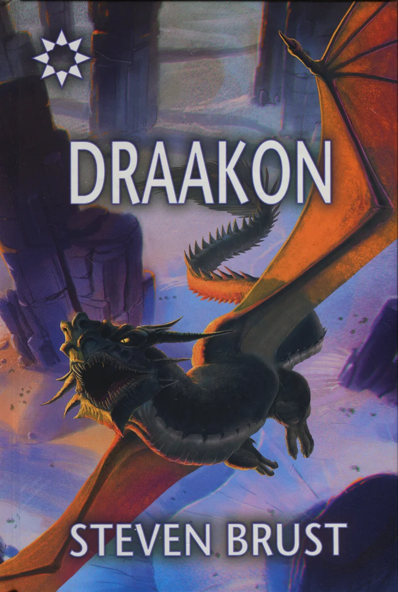Draakon - Steven Brust (Fantaasia, 2019). Fantastiline illustratsioon, millel kujutatakse suurt musta draakonit lendamas õhus oranžide tiibadega, taustal on sinakashallid kaljused varemed või kindlustused. Stiil on dünaamiline ja eepiline, rõhutades draakoni jõudu ja suurust.
