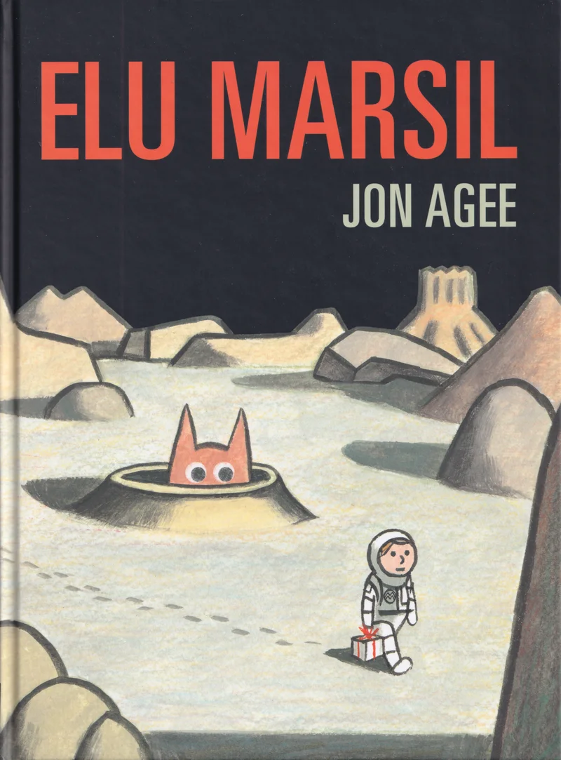 Elu Marsil - Jon Agee (Egmont Estonia, 2019). Lihtsas ja koomilises joonistusstiilis illustratsioon, kus hallikas-sinise Marsi maastikul seisab väike astronaut valges kosmoseülikonnas ning taustal on näha punaste silmadega tulnukolendi pea maapinnast välja piilumas.