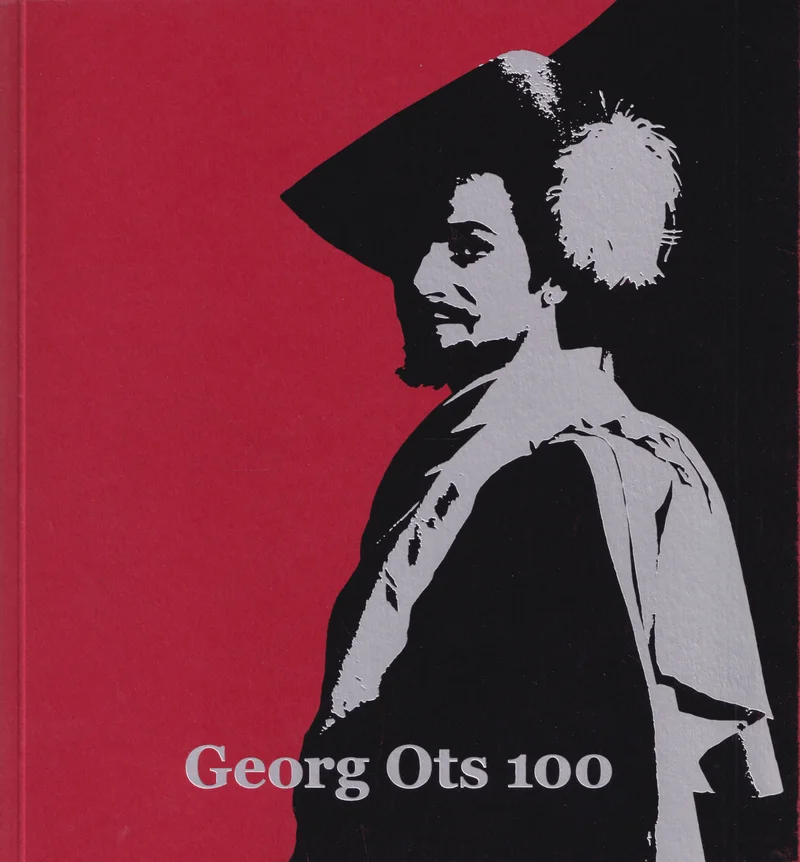 Georg Ots 100 - Kulle Raig (Aleksandra, 2020). Punase ja musta kahevärvilises graafilises stiilis siluettportree lauljatest kostüümis, kellel on karakterilik müts ja krae.
