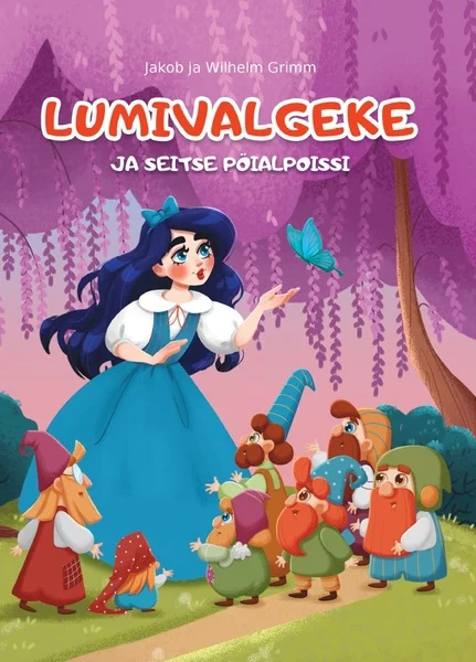 Lumivalgeke ja seitse pöialpoissi - Jakob Grimm, Wilhelm Grimm (Odamees, 2021). Roosakas-lilla toonides illustratsioon, millel on sinine siniste juustega printsess ja tema ümber tantsivad-mängivad väikesed pöialpoisid metsatausta ees. Joonistusstiil on armas ja lapsesõbralik, sarnanedes animafilmide visuaalkeelega.