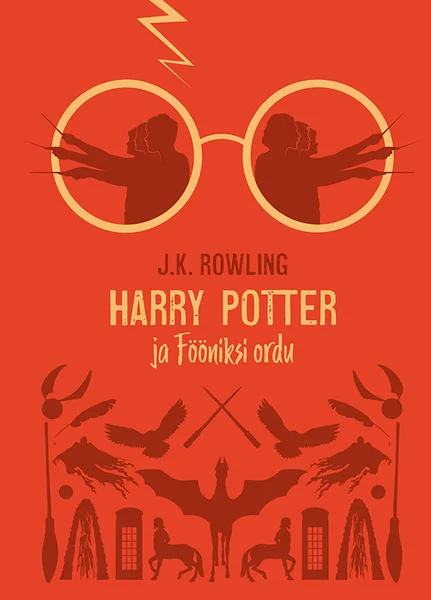 Harry Potter ja Fööniksi ordu - Joanne Kathleen Rowling (Varrak, 2022). Minimalistlik illustratsioon erkpunase taustaga, millel on kujutatud suured prillid välgukujulise armiga ja ümberringi sümmeetriliselt paigutatud maagilised sümbolid — luuad, võlukepp, loomafiguurid ja tähed. Kujundus on lihtne ja ikooniline, kasutades vaid punast ja valget värvi.