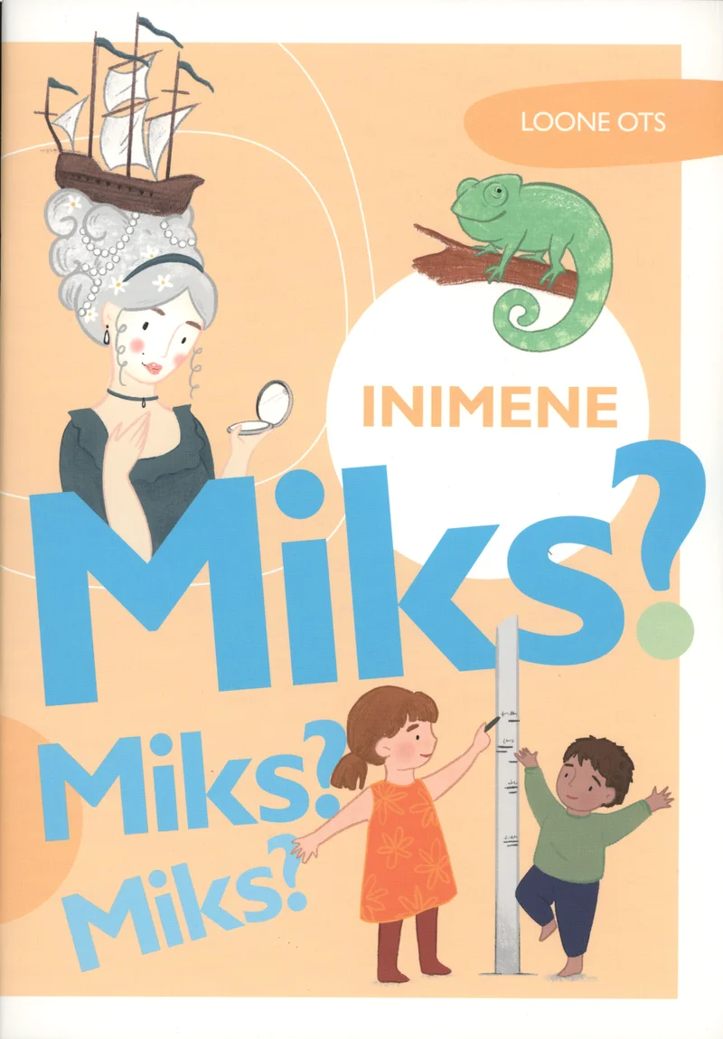Miks? Miks? Miks? Inimene - Loone Ots (Menu, 2022). Värvikas lasteillustratsioonis mõõdab väike laps oma kasvu mõõdulindi abil, taustal on näha vanaaegselt riietatud figuur ja purjelaev ning roheline kameeleon.