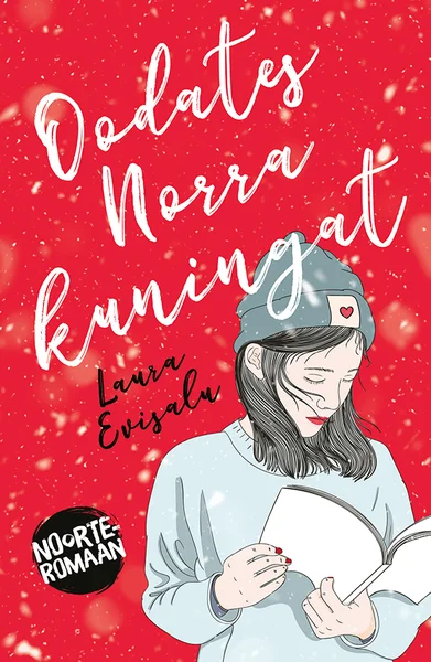 Oodates Norra kuningat - Laura Evisalu (Varrak, 2023). Erkpunane lumine taust, millel on joonistatud tüdruk müts pähe ja sall kaelas, kes loeb raamatut. Illustratsioon on lihtsa joonistusstiiliga pastelsetes toonides.