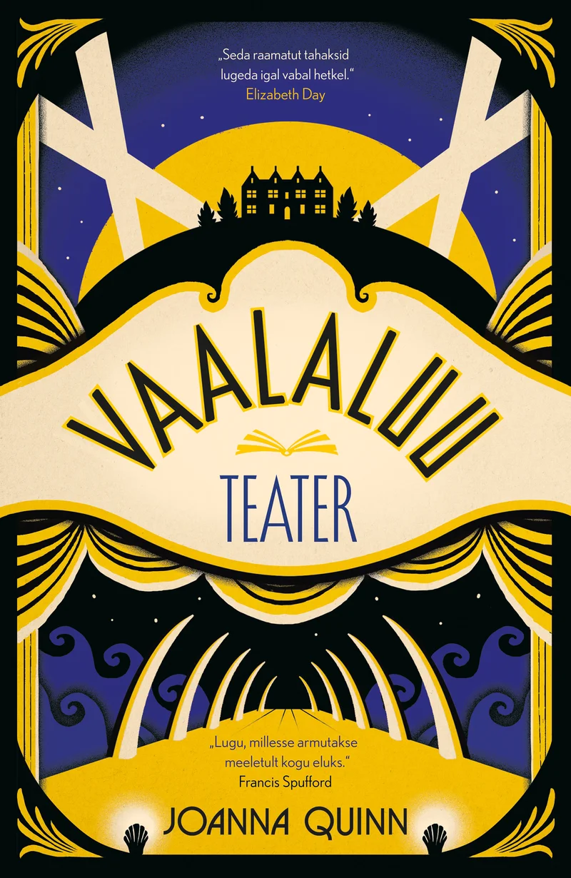 Vaalaluu teater - Joanna Quinn (Postimees, 2023). Art deco stiilis illustratsioon, millel kuldsetel kardinatel flankeeritud hämaruses seisab salapärane loss või teater tähist öötaeva taustal. Domineerivad tumesinine, kuldne ja kreemjas värvitoon, luues elegantse ja müstilise õhkkonna.
