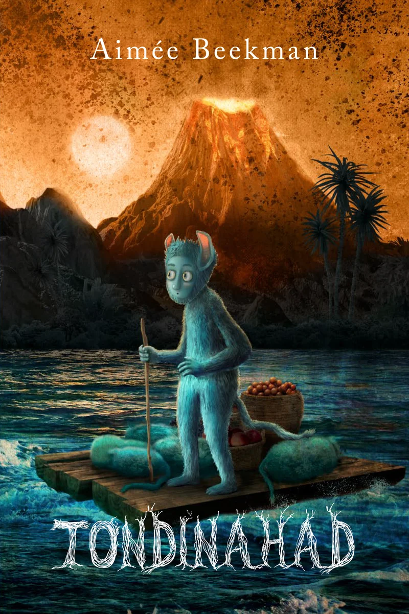 Tondinahad - Aimee Beekman (Hea Lugu, 2023). Illustratsioon sinakasrohelisest tondikujulisest olendist, kes sõuab parvel vihases meres, taustal purskav vulkaan ja oranžikas-punane taevas.