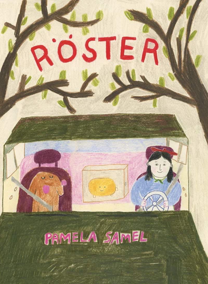 Röster - Pamela Samel (Puänt, 2023). Lapsikult joonistatud akvarellilikus stiilis illustratsioon, kus kaks inimest seisavad väikese müügileti või boksi taga puu all. Kaanel domineerivad soojad rohelised, roosad ja pruunid toonid.