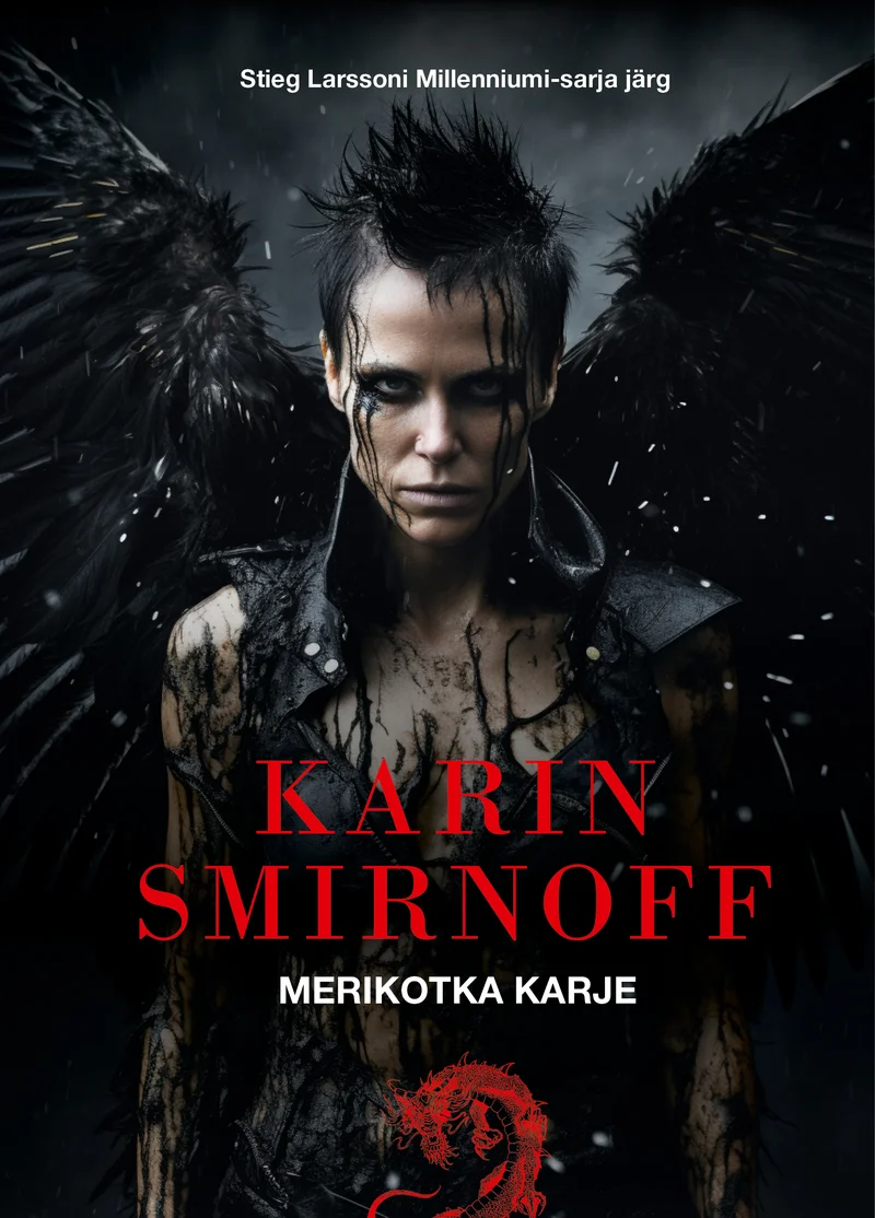 Merikotka karje - Karin Smirnoff (Varrak, 2023). Tumeda taustaga dramaatiline fotorealistlik kaanekujundus, millel on mustad suled ja katkised tiivad kandev noor naine verisete plekidega nahal. Domineerivad tumedad toonid — must, punane ja hall — luues õudus- ja pingeõhkkonna.