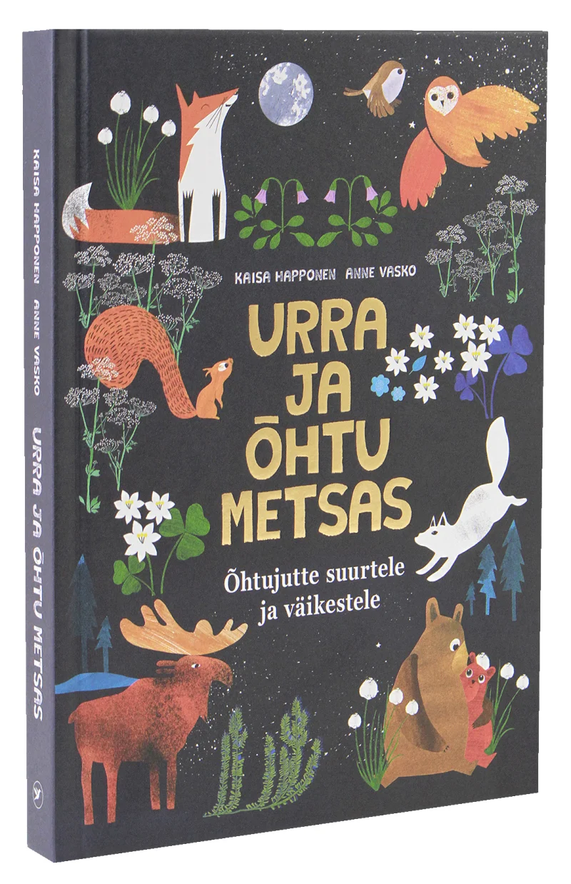 Urra ja õhtu metsas - Kaisa Happonen (Koolibri, 2024). Tumeda öise taeva taustal on kujutatud värviküllaseid metsloomi — rebane, põder, orav, öökull ja teised loomad — ümbritsetuna taimedest ja lilledest. Illustratsioon on rahvaraamatulikus stiilis, kasutades sooje ja erksat värvipaletti rohelise, punase ja kuldse toonides.