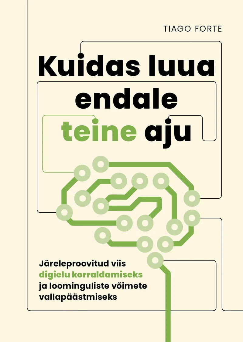 Kuidas luua endale teine aju - Tiago Forte (Äripäev, 2024). Helerohelisel taustal kujutatud minimalistlik aju stiliseeritud roheliste trükiplaadi juhtmete ja ühendustega, mis sümboliseerib digitaalset mälu ja tehnoloogiat.