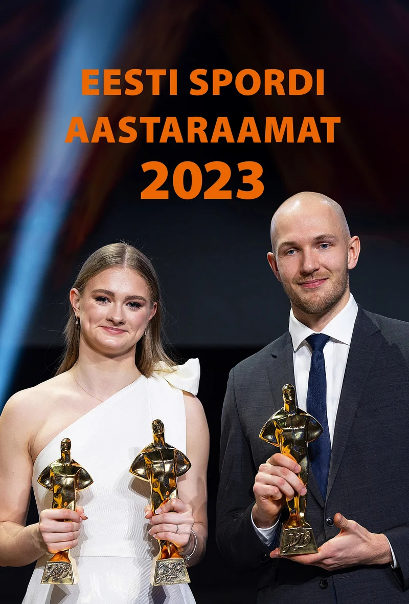 Eesti spordi aastaraamat 2023 - Veiko Ulp (Menu, 2024). Tume taust, millel poseerivad kaks sportlast – noor naine valgel õlakleidi ja noormees tumedas ülikonnas – mõlemad hoiavad käes kuldset spordiauhinda, mis meenutab Oscari statuetti.