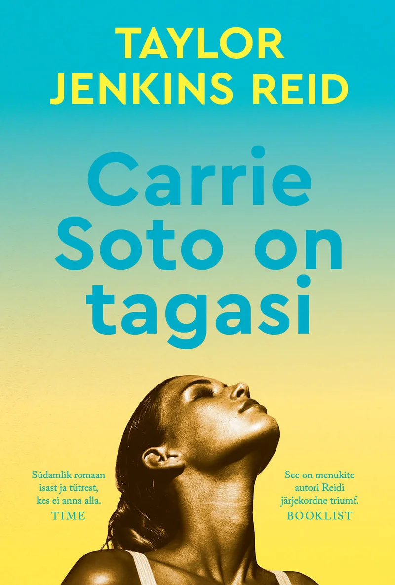 Carrie Soto on tagasi - Taylor Jenkins Reid (Rahva Raamat, 2024). Sooja kollakaskuldse taustaga kaanel on naise foto, kes vaatab pead tahapoole kallutades ülesse, näoilme on enesekindel ja intensiivne. Kujundus on minimalistlik, domineerivad kollased ja sinised toonid.