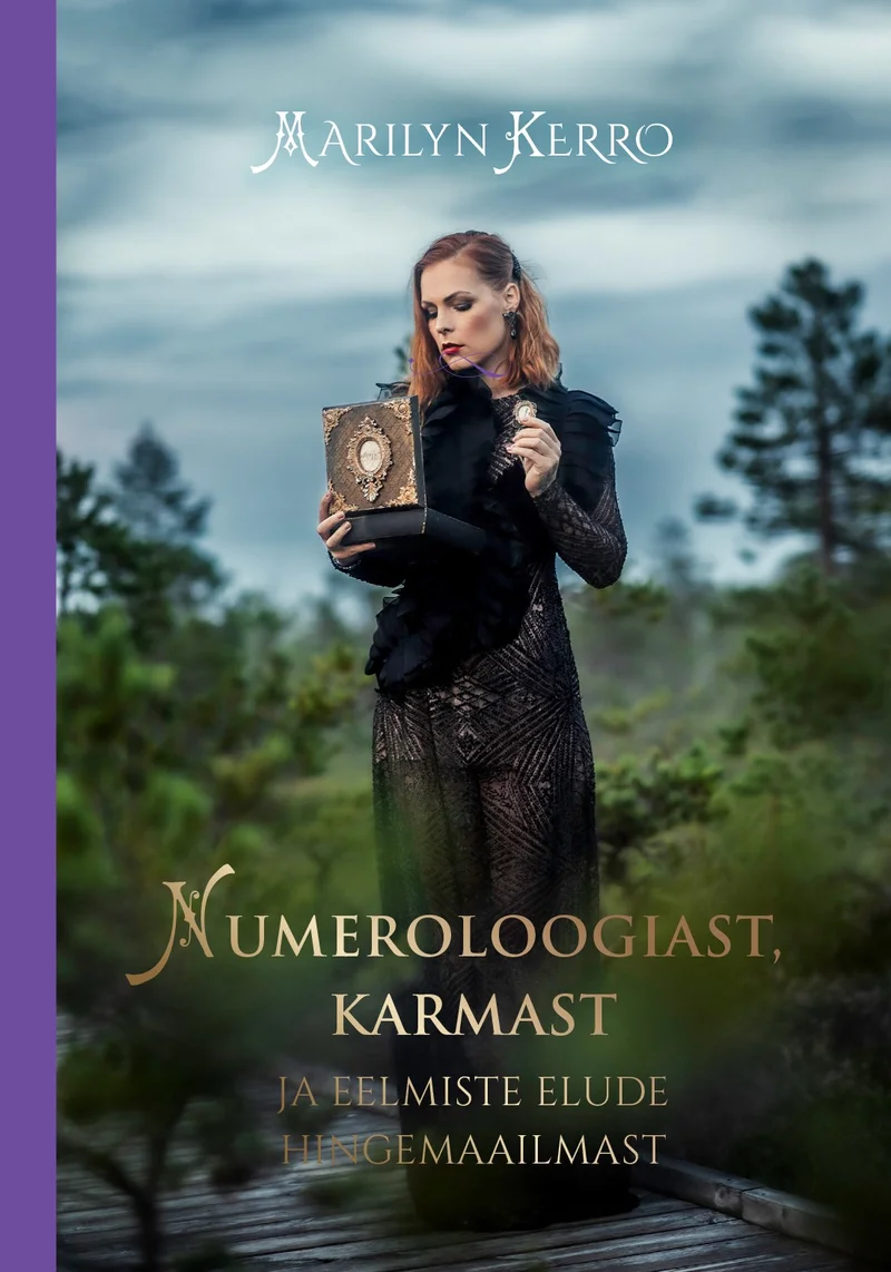 Numeroloogiast, karmast ja eelmiste elude hingemaailmast - Marilyn Kerro (Pilgrim, 2024). Tumeda, salapärase õhustikuga foto, millel naine hoiab käes vana raamatut loodusmaastiku taustal. Kaane värvigamma on sünge ja müstiline – domineerivad pruunikad ja hallid toonid.