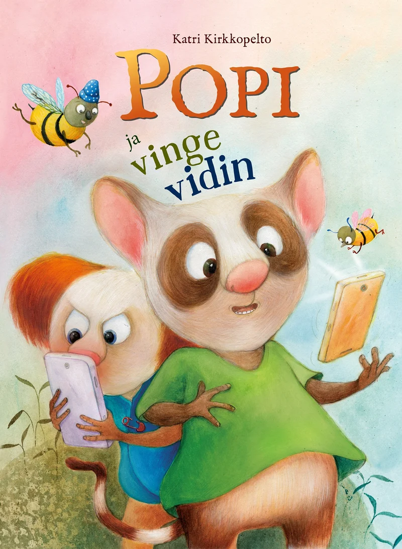 Popi ja vinge vidin - Katri Kirkkopelto (Helios, 2024). Värvikas lasteraamat illustratsiooniga, millel kujutatud suur pandakaru ja väike laps, kes mõlemad hoiavad käes nutiseadmeid. Taustal lendavad mesilased ja paistab roheline loodus.