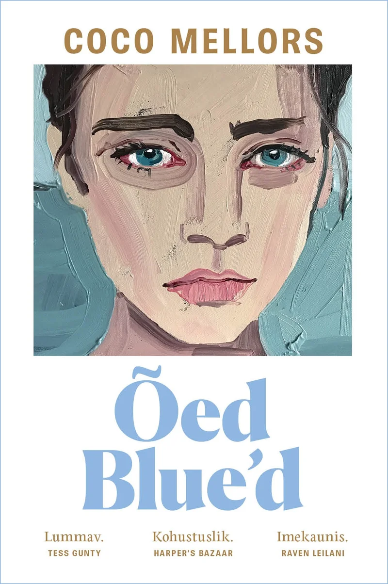 Õed Blue’d - Coco Mellors (Päikese Kirjastus, 2025). Akvarellilaadne illustratsioon noorest naisest sinakasroheliste silmadega, õrnade näojoonte ja kahvatute toonidega. Taust on hele ja õhuline, portree on ekspressiivses, kergelt abstraktses stiilis.