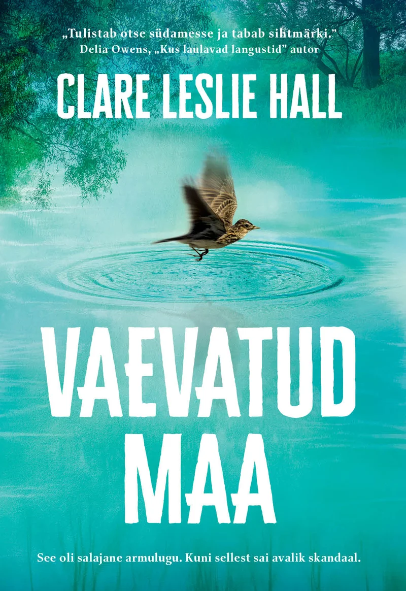 Vaevatud maa - Clare Leslie Hall (Rahva Raamat, 2025). Rohekas-sinise tooniga rahulik veepeegel, millel on näha lainelisi ringikujulisi veelaineid ja üle vee lendavat lindu.