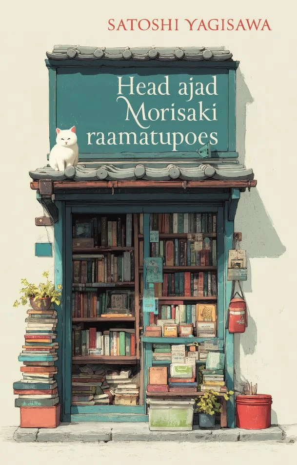 Head ajad Morisaki raamatupoes - Satoshi Yagisawa (Tänapäev, 2025). Illustratsioon hubases Jaapani stiilis väikesest antikvariaadist, mille riiulid on täis raamatuid ja ukse ees lebavad raamatukuhjad; katusel istub valge kass. Akvarellilaadne pehme värvikasutus soojades rohelistes ja pruunides toonides loob hubase ja nostalgilise meeleolu.