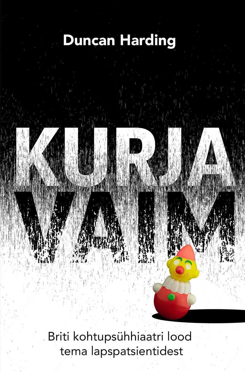 Kurja vaim - Duncan Harding (Argo, 2025). Tumepruunil-mustal taustal on suur valge pealkiri, mille alumine osa sulandub hägusesse plekk-kujulisse kujundusse. Kaane allosas on väike värviline mänguasjafiguur – kollane part punase nokaga.