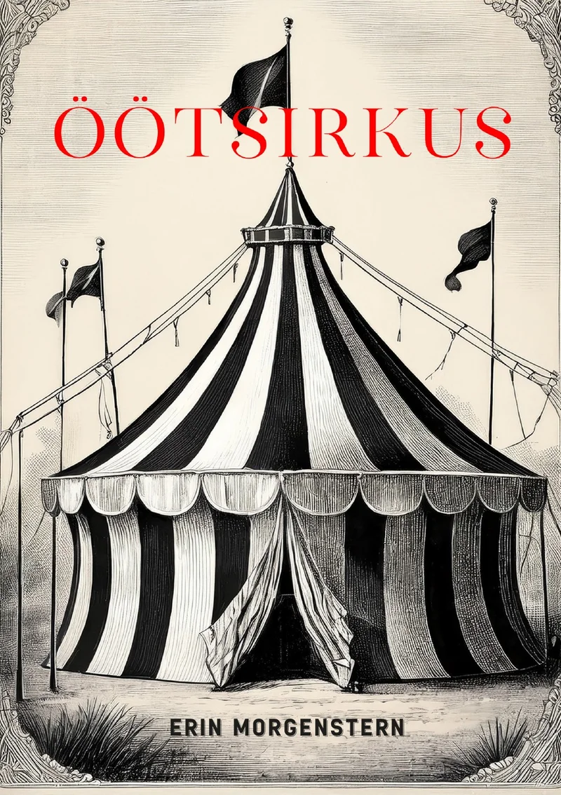 Öötsirkus - Erin Morgenstern (Rahva Raamat, 2025). Mustvalge graavilise joonistuse stiilis suur triibuline tsirkusetelk lippudega tipul, kujutatud detailse ja vintage-esteetikaga. Tume, salapärane atmosfäär rõhutab kontrasti mustade ja valgete triipude vahel.