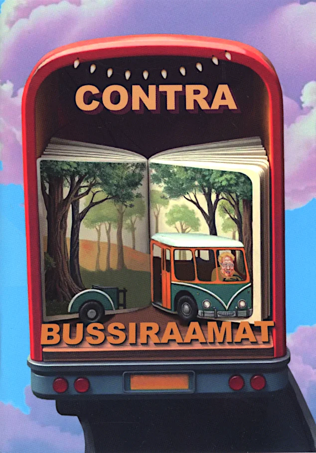 Bussiraamat - Contra (Mina Ise, 2025). Illustreeritud kaanepilt, millel on punase bussi tagaosa, mille aknas avaneb raamatuna lahti lõikav vaade — sees on pilt väiksemast bussist roheliste puude vahel. Taevas on pilves ja sinine, luues sügavuse efekti pilt-pildis kompozitsiooni.