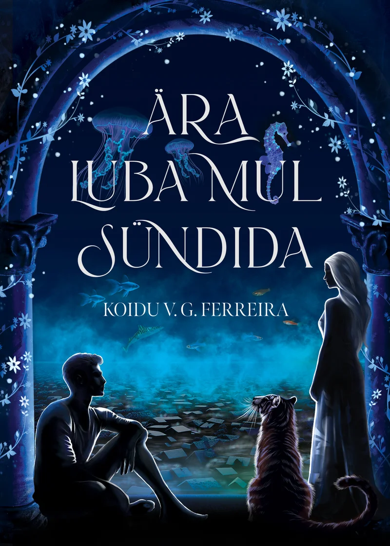 Ära luba mul sündida - Koidu Ferreira (Koitev, 2026). Tumesinisel fantastikal kaanepildil istub noor inimene koera kõrval, vaadates eemale seisva pikka halli kleiti kandva naistegelase poole. Stseeni ümbritseb lumiste tähtedega kaunistatud võlukaar, luues müstilise ja sünge õhkkonna.