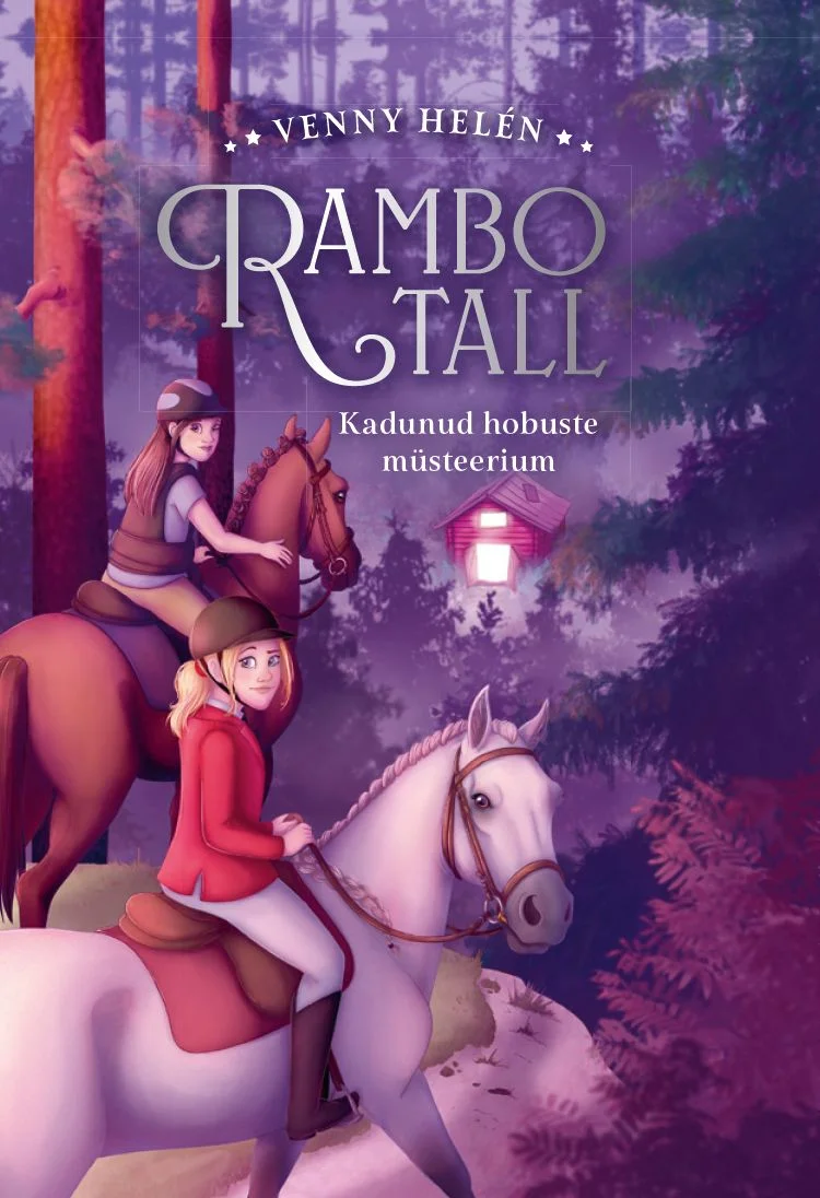 Rambo tall - Venny Helén (Tammerraamat, 2026). Lilla-roosa toonides illustratsioon, millel kaks last ratsutavad hobustel läbi salapärase metsa, kus puude vahelt paistab udune valgus. Esiplaanil on valge hobune, taustal tumedad puud loovad müstilise õhkkonna.