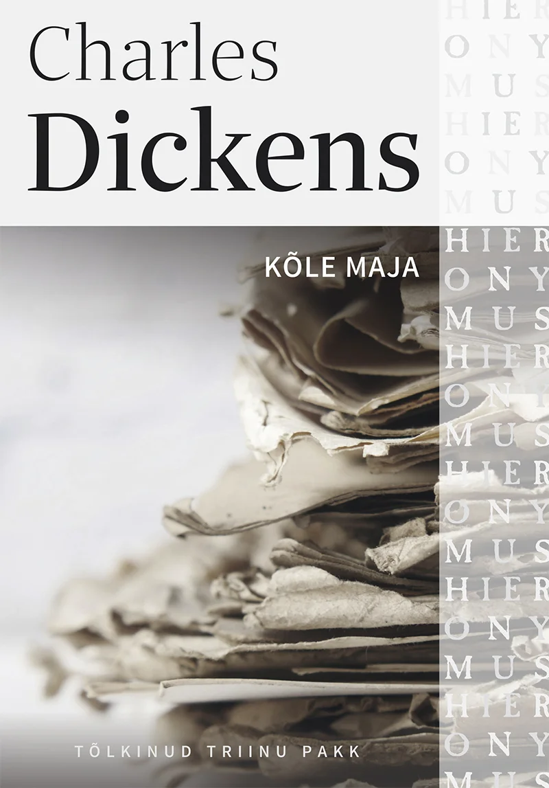 Kõle maja - Charles Dickens (Emakeele Sihtasutus, 2026). Minimalistlik kaanekujundus hallikas-valgetes toonides, millel on hägune foto kokkukeeratud või laiali pillutatud paberitest. Taustal korduvad väikesed täheread, mis loovad tekstuurse mustri.