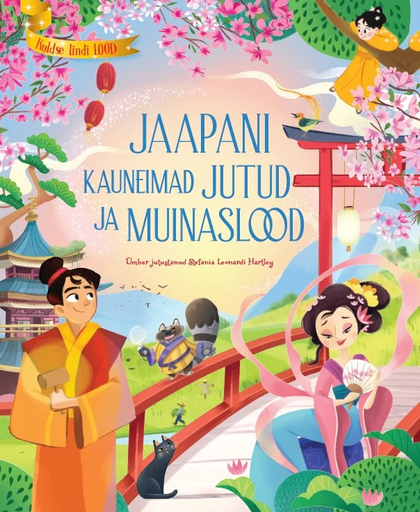 Värvikas illustratsioon kujutab traditsioonilistes jaapani rõivastes tegelasi kirsipuude õitsemise taustal. Stiil on lapsesõbralik ja muinasjutulik, domineerivad roosa, punane ja roheline toon.