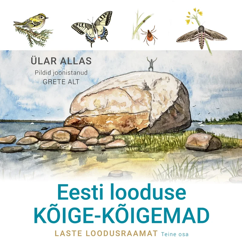 Eesti looduse kõige-kõigemad - Ülar Allas (Pegasus, 2026). Akvarellstiilis illustratsioon suurest kivirahnust loodusmaastikul, mida ümbritsevad rohelised taimed ja vesi. Kaane ülaosas on kujutatud erinevaid Eesti looduse elanikke — liblikad, ämblik ja lind.