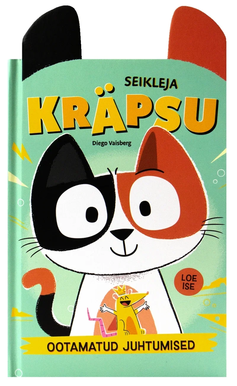 Värvikas lasterilustratsioonis kujutatud must-valge ja oranž kass säravate silmadega rohelisel taustal. Raamat on kujundatud kartongist vahelehekülgedega lasteraamatuna.