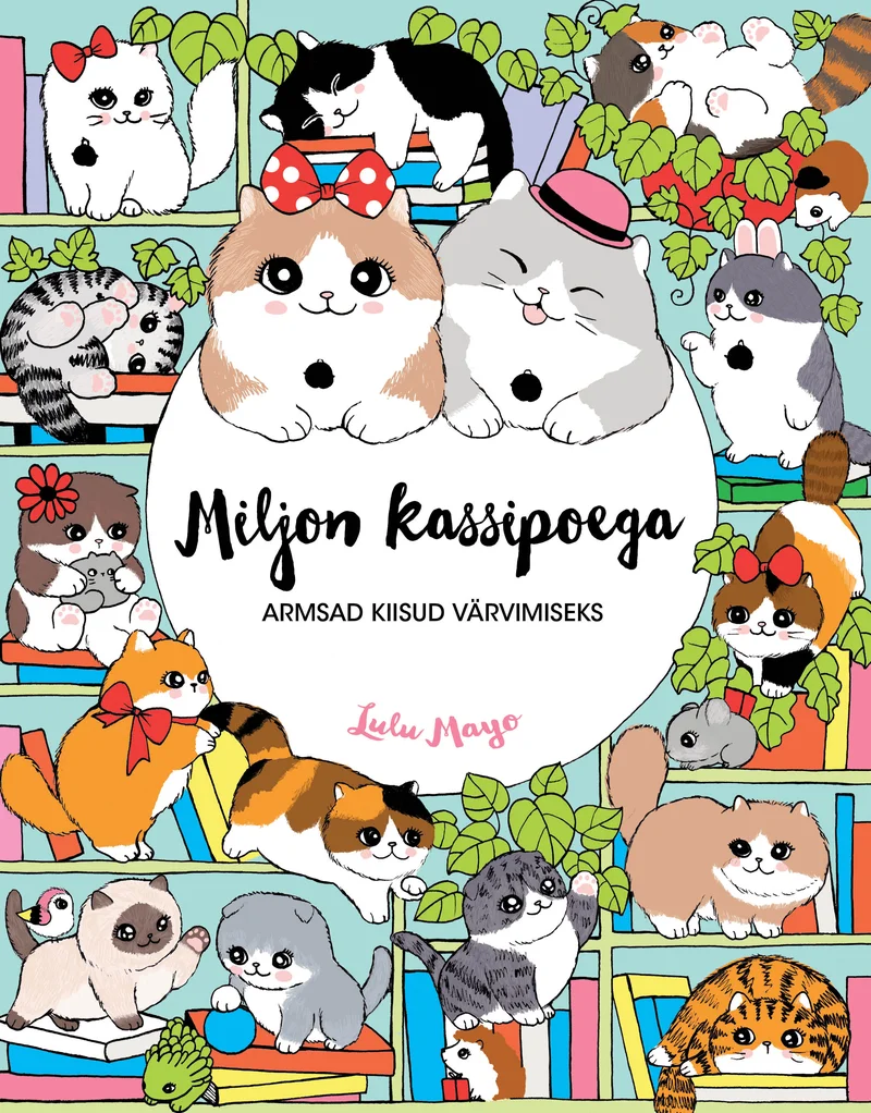 Armas ja värviküllane illustratsioon, mis kujutab mitmeid erinevaid kassikesi raamatute ja taimede keskel. Joonistused on tehtud jaapanipärases kawaii-stiilis pastellsetes rohelistes, roosades ja sinistes toonides.