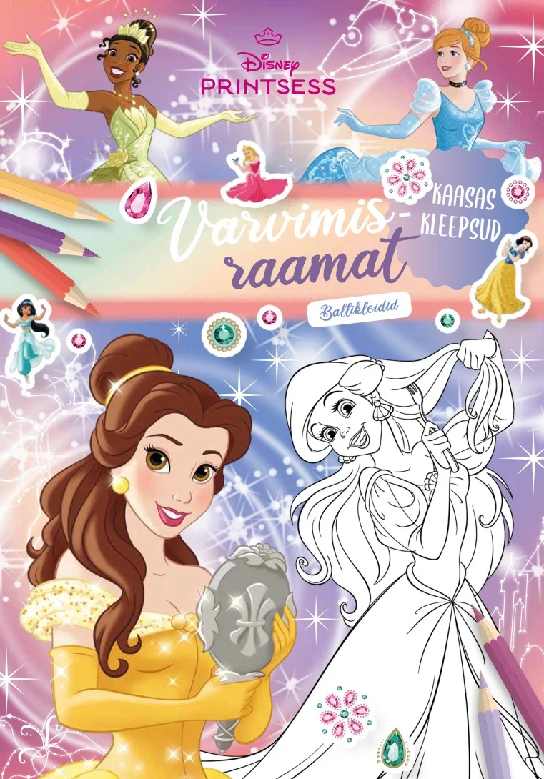 Disney Printsess -  Disney (2026). Roosakaspurpursel taustal on kujutatud Disney printsessid — värviline Tiana rohelises kleidis ja mustvalgeks värvimiseks mõeldud Tuhkatriinu ballikleidis. Kaas on kaunistatud sädelevate tähtede ja kleepsudega, viidates värvimis- ja kleepsuraamatule.