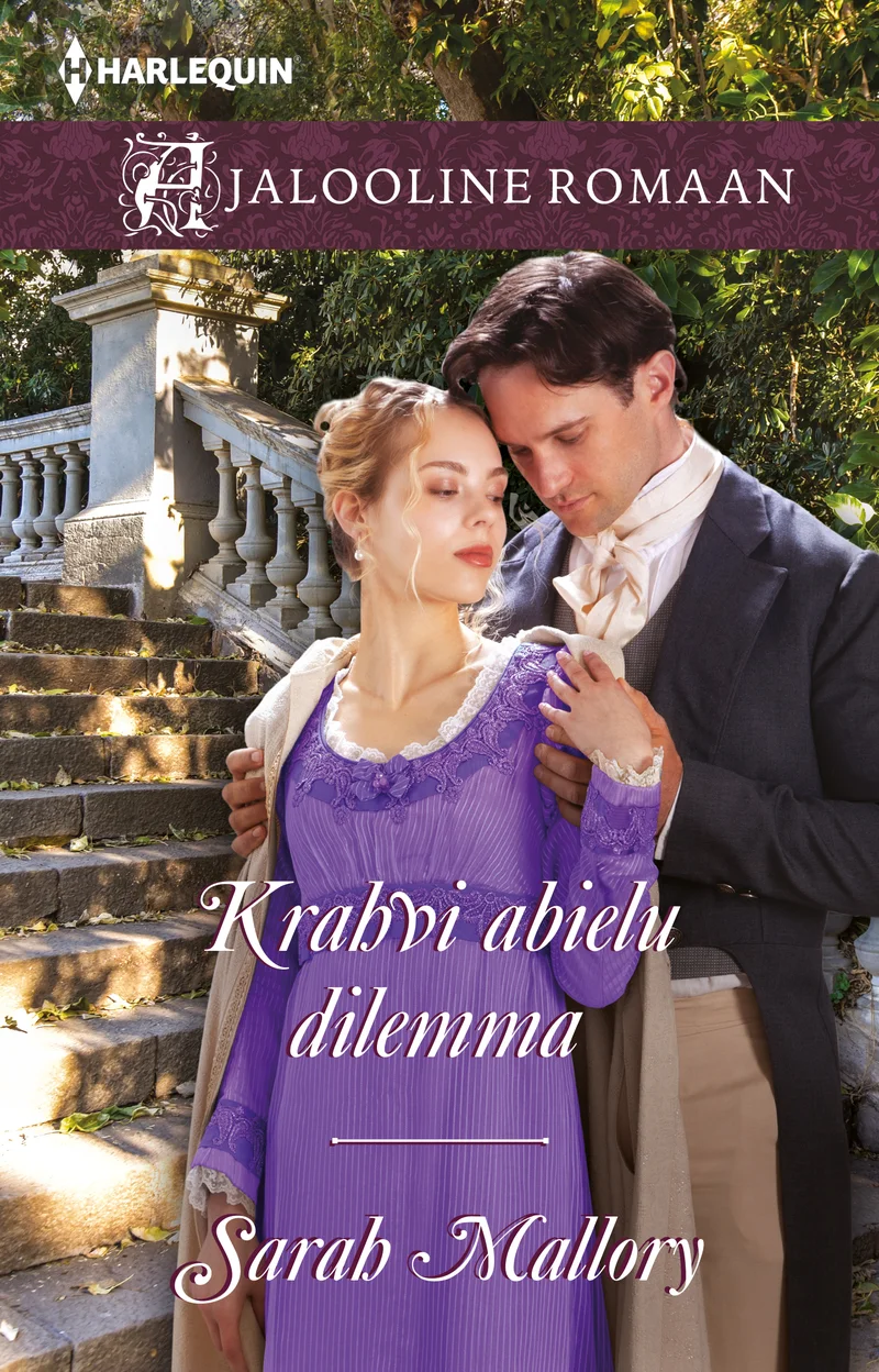 Krahvi abielu dilemma - Sarah Mallory (Ersen, 2026). Romantiline illustratsioon, millel on kujutatud elegantses lillas kleidis naist ja tumedas frakis härrasmeest rohelusega ümbritsetud kivitreppide ääres. Pilt on teostatud soojades, pehmetes toonides regentstiili ajastu õhkkonnas.