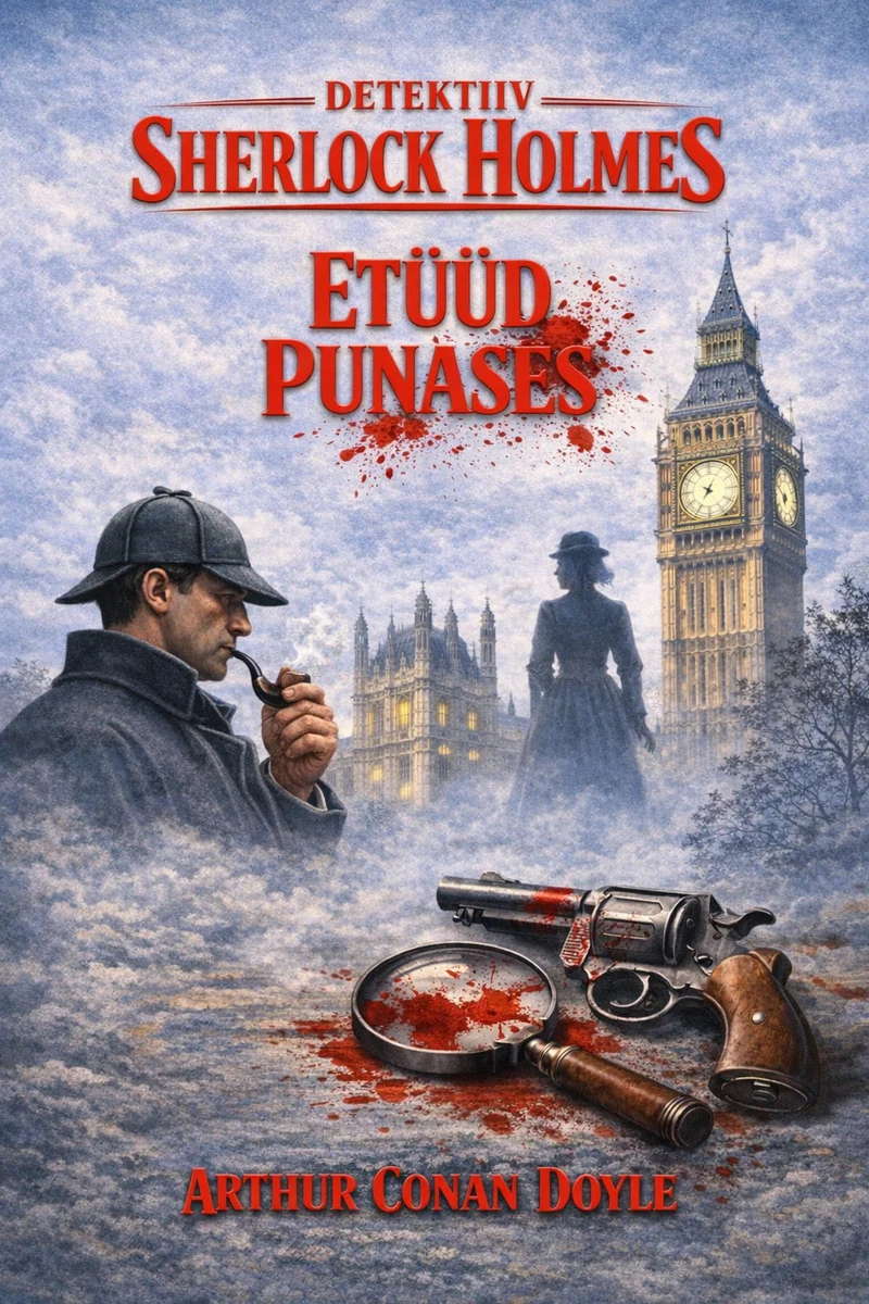 Detektiiv Sherlock Holmes - Arthur Conan Doyle (TULIP OÜ, 2026). Realistlikus illustratsioonistiilis kujutab kaanepilt Sherlock Holmesi ikoonilist siluetti deerstalker-mütsiga Londoni uduses õhkkonnas, taustal Big Beni torn. Esiplaanil on dramaatiline stseen revolveri ja vereplekiga, mis loob pingelise detektiiviromaani atmosfääri.