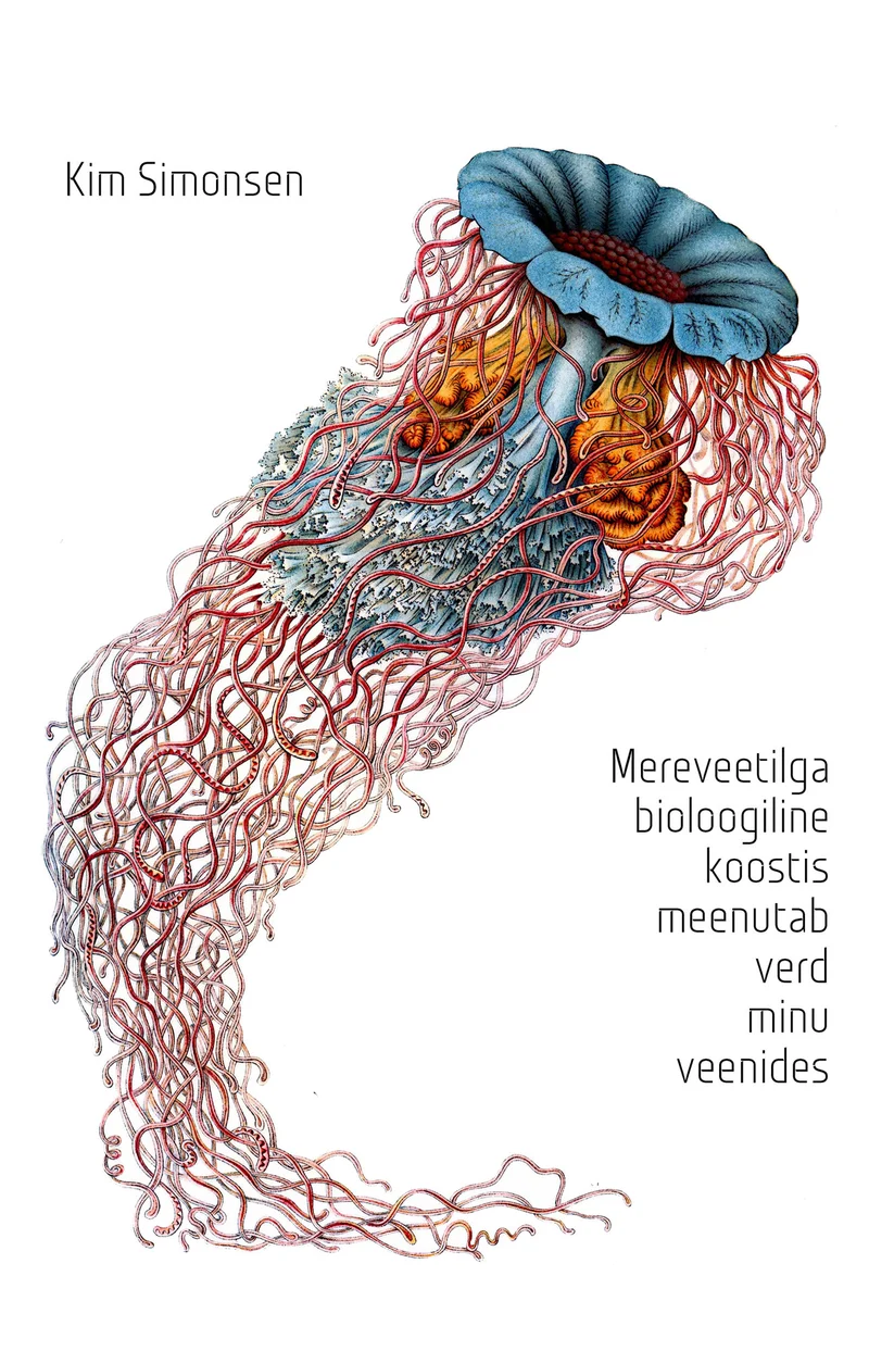Mereveetilga bioloogiline koostis meenutab verd minu veenides - Kim Simonsen (NORDUR OÜ, 2026). Detailne botaanilise illustratsiooni stiilis meduusi kujutis, millel on sinakasvioletne kell ja lopsakad punakaspruunid kombitsad. Illustratsioon on valge tausta peal ning meenutab 19. sajandi loodusteaduslikke joonistusi.