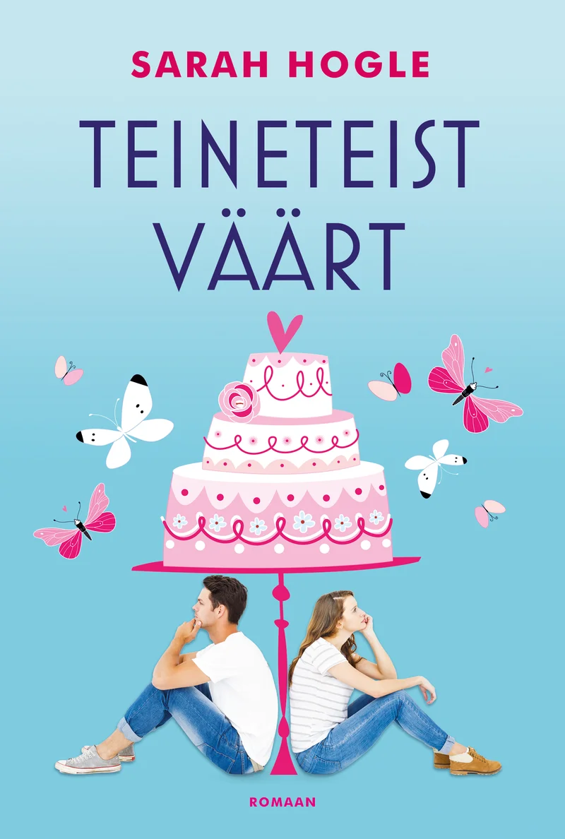 Hele-sinisel taustal istuvad kaks noort inimest seljad vastamisi, nende vahel kõrgub valge pulmakook. Kaanekujundust elavdavad roosad liblikad ja romantiline, kerge illustratiivne stiil.