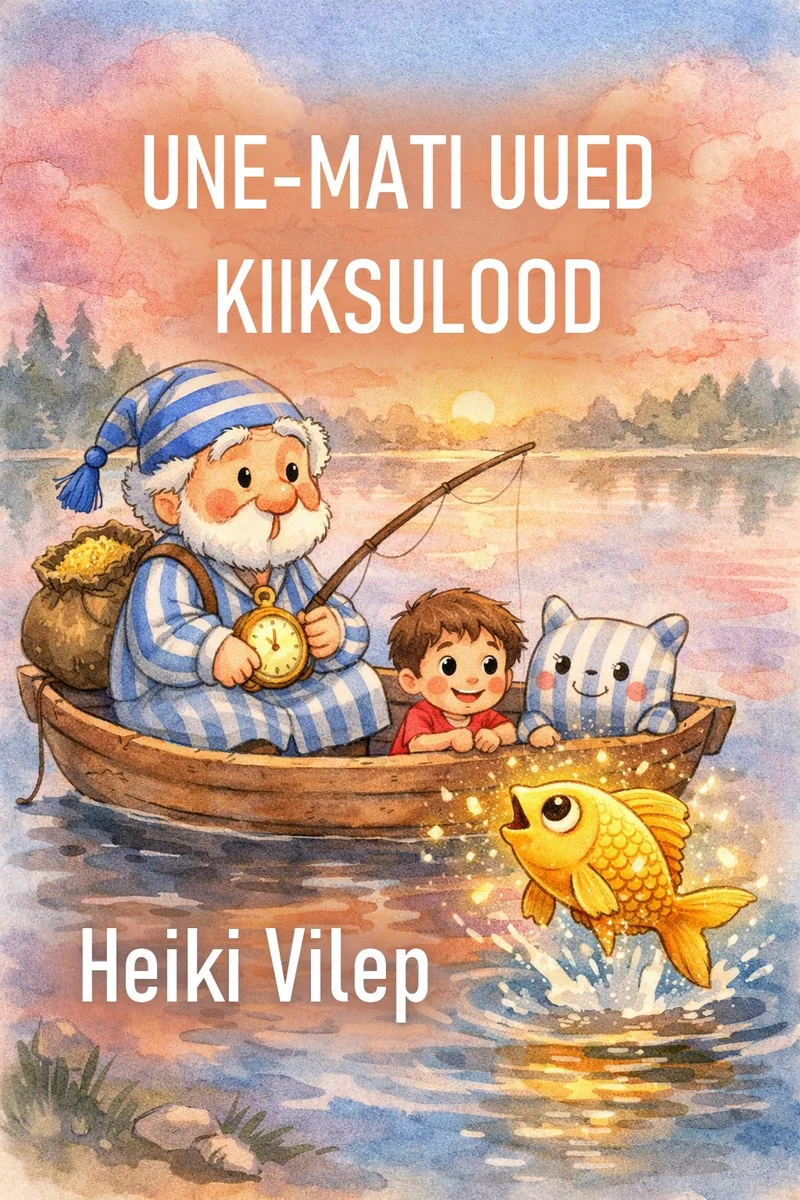 Une-Mati uued kiiksulood - Heiki Vilep (2026). Akvarellistiilis illustratsioon, kus vanamehelik müstiline tegelane sinise-valge ööriides istub koos poisi ja kassiga väikeses puidust paadis ning õngitseb kuldkala, taustal romantiline päikeseloojanguga järvemaastik.