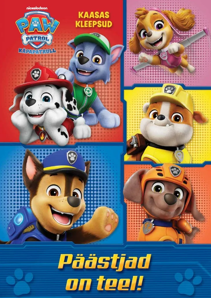 Paw Patrol - Nickelodeon, Nickelodeon (2026). Erksat sinise ja punase taustaga kaanepilt, millel on kuus animeeritud koera-tegelast PAW Patroli sarjast, jaotatud nelja ruutu. Tegelased kannavad oma värvilisi vormirõivaid ja kiivrit ning poseerivad rõõmsalt ja enesekindlalt.