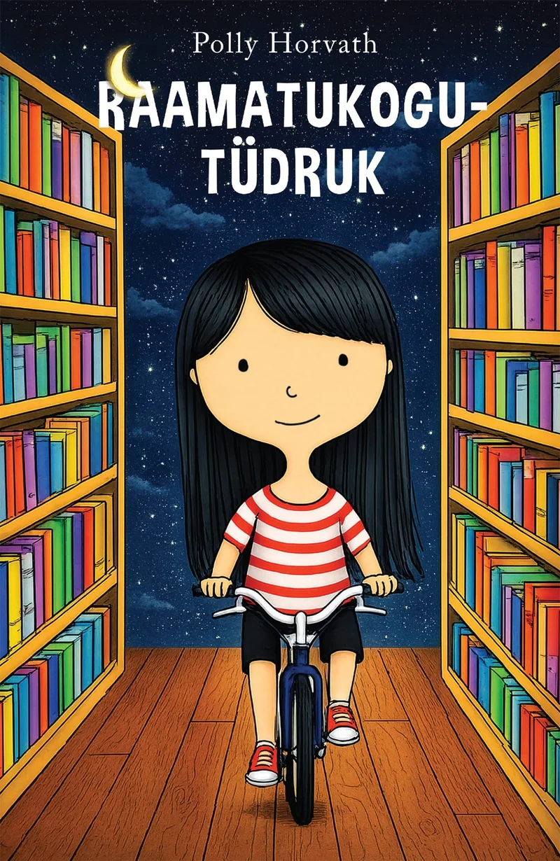 Raamatukogutüdruk - Polly Horvath (2026). Lapsesõbralikus illustratsioonistiilis on kujutatud musta pikade juustega tüdruk, kes sõidab jalgrattaga kahe kõrge raamatulettide vahel. Taust kujutab öist tähistaevast, luues muinasjutulise meeleolu.