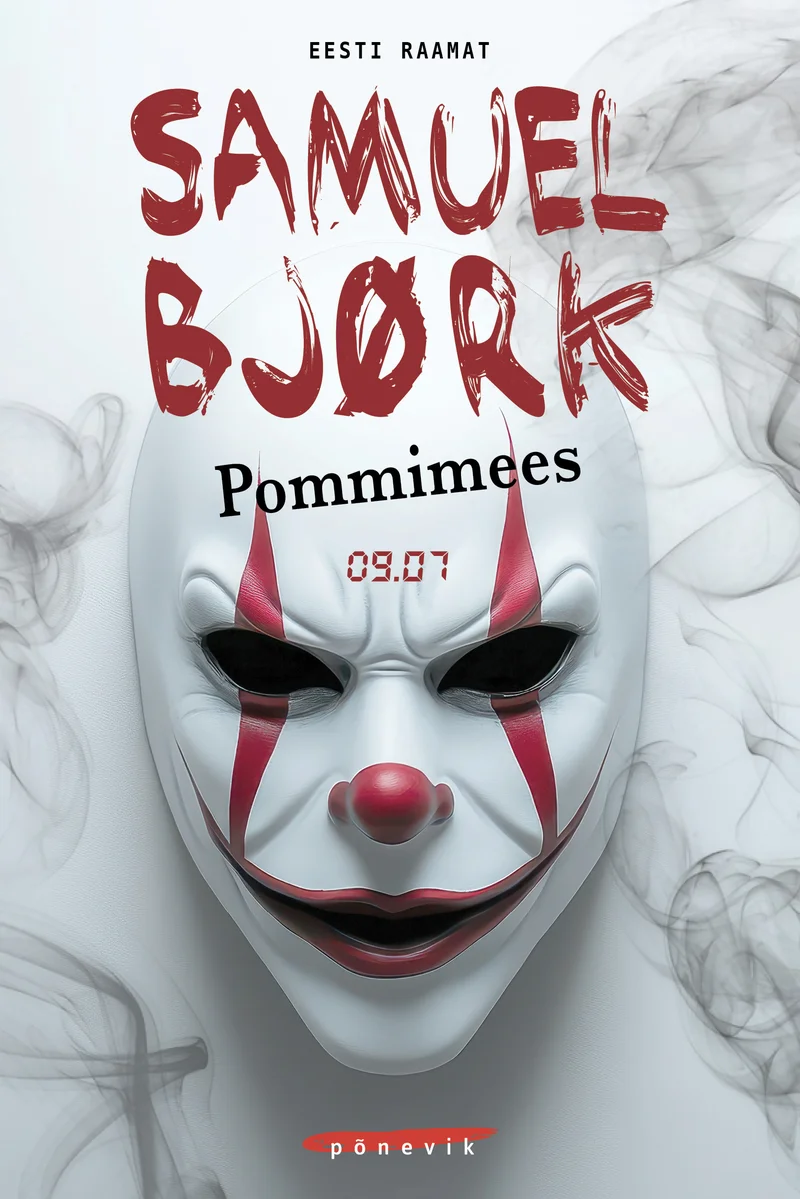 Pommimees - Samuel Bjørk (2026). Tumedal taustal hõljub valge klouni mask punase grimmi ja siniste detailidega, mida ümbritseb salapärane suits. Kujundus on õudusžanrile omane – külm ja ähvardav atmosfäär.