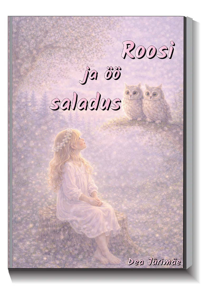 Roosi ja öö saladus - Dea Jürimäe (Hea Tegu, 2026). Pastelsetes lilla-roosades toonides unenäoline illustratsioon, kus pikad heledad juuksed tüdruk istub tagantvaates ning kaks öökulli vaatavad teda puuoksalt. Pehme, udune kunstistiil loob müstilise ja muinasjutulise õhkkonna.